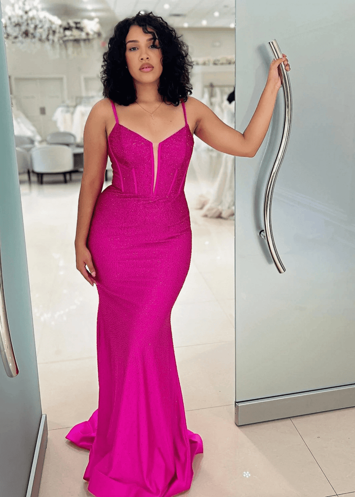 Charlotte | Long Blue Prom Dress Satin With Mermaid Spaghetti Straps Beaded - Fuchsia - PromDressClub