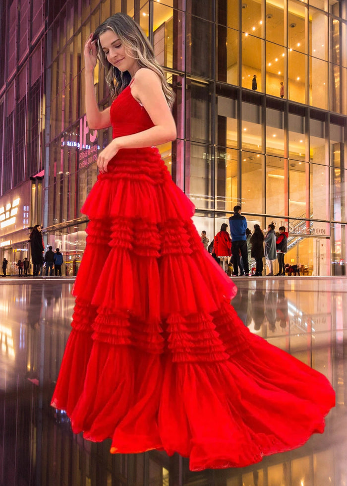 Cheryl | Red A Line Backless Ruffle Tulle Prom Dress with Slit - Red - PromDressClub