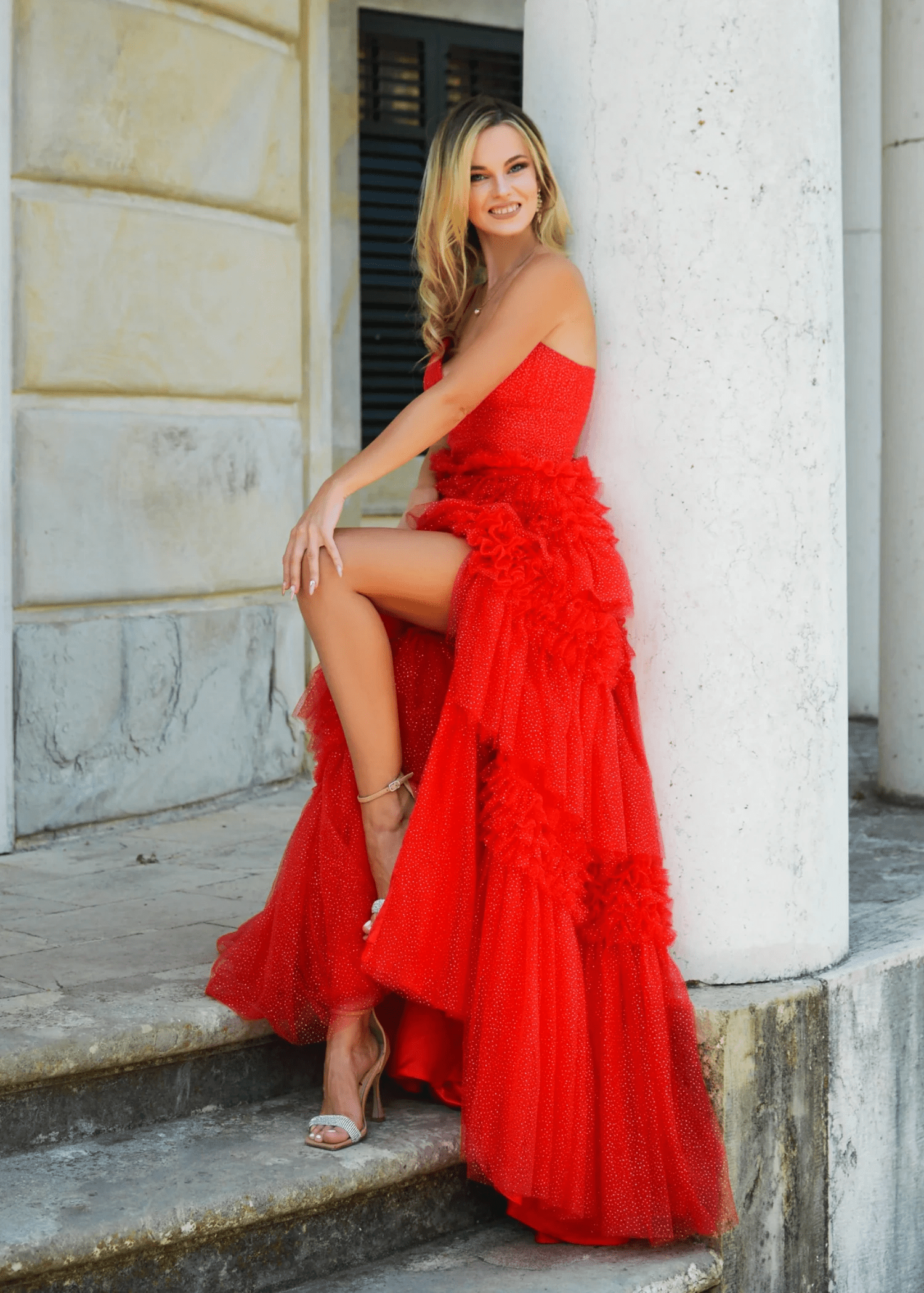 Cheryl | Red A Line Backless Ruffle Tulle Prom Dress with Slit - Red - PromDressClub