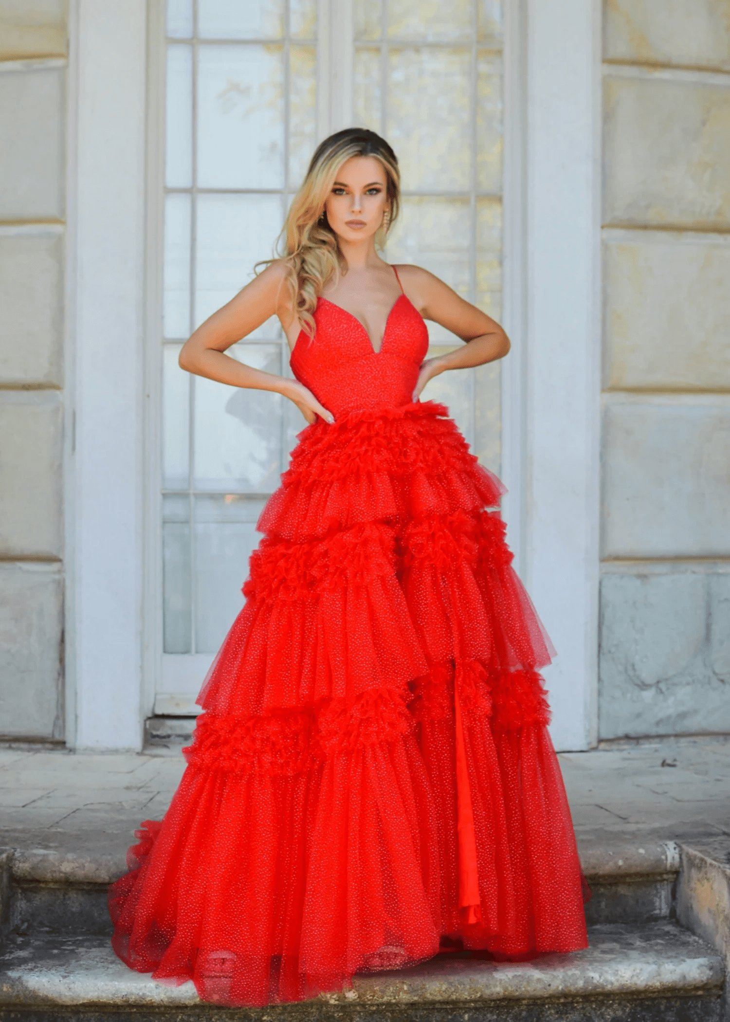 Cheryl | Red A Line Backless Ruffle Tulle Prom Dress with Slit - Red - PromDressClub