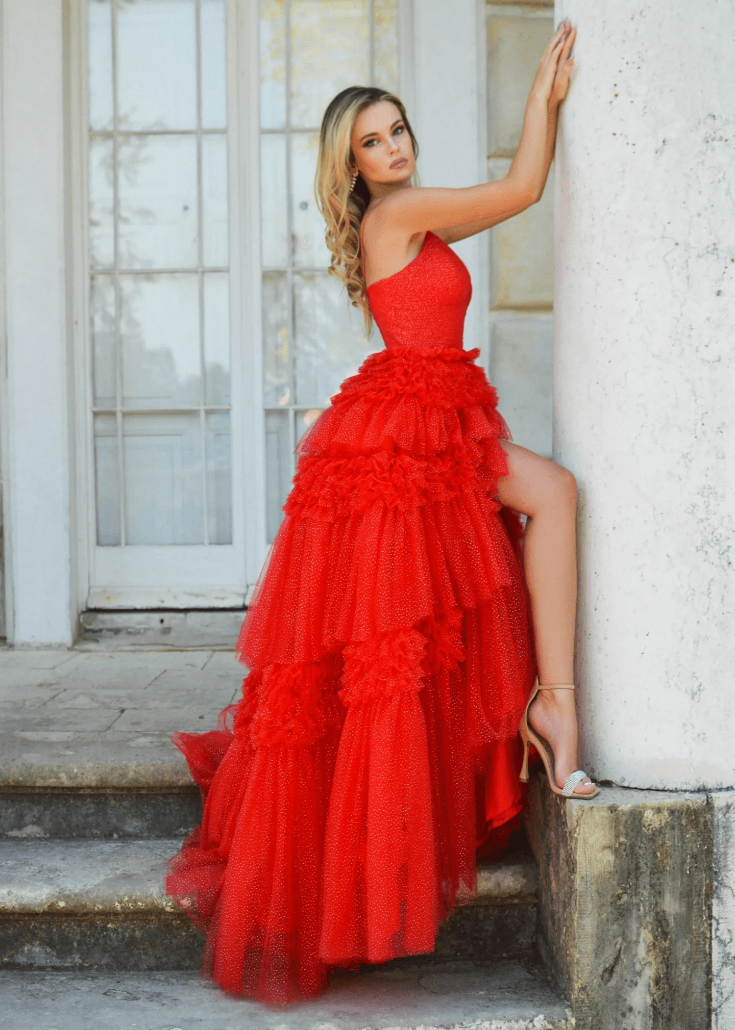 Cheryl | Red A Line Backless Ruffle Tulle Prom Dress with Slit - Red - PromDressClub