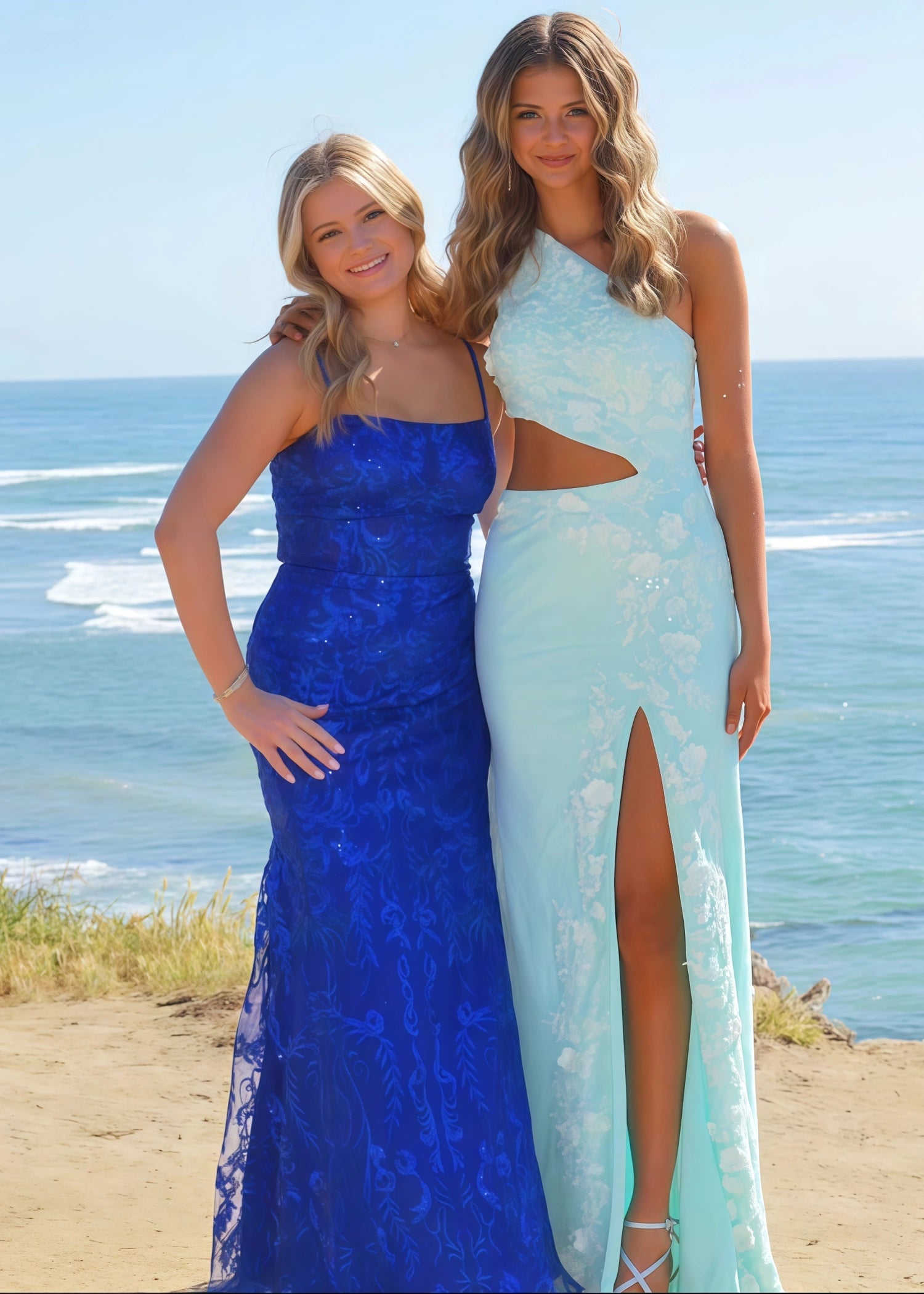 Cheryl | Long White Prom Dress Sequins With Mermaid One Shoulder 3D Appliques - Blue - PromDressClub