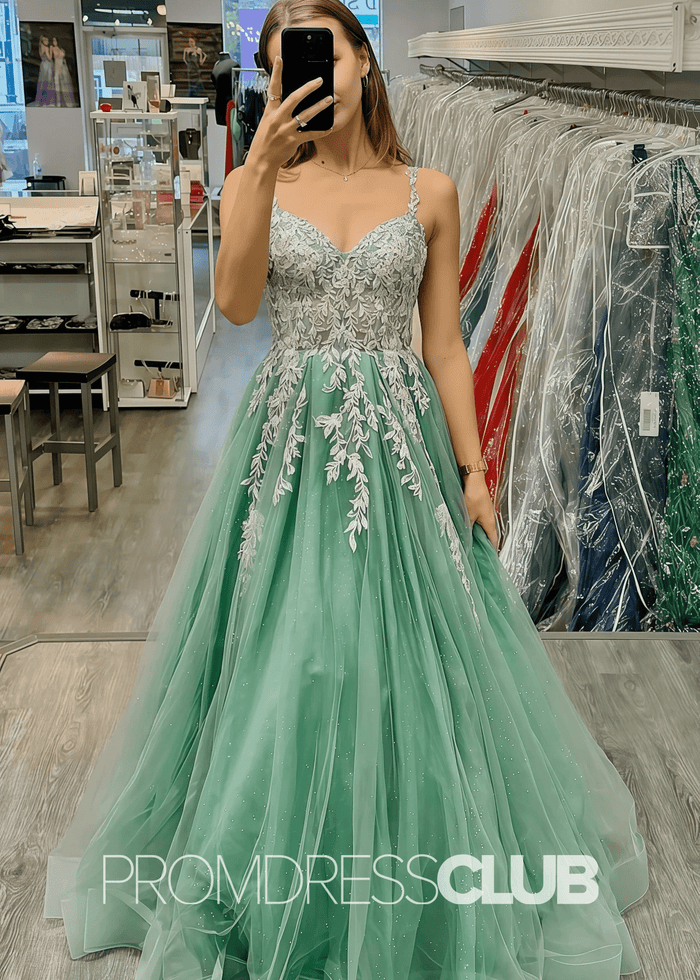 Cheryl |Sage Green Prom Dresses Long A Line Sparkly Spaghetti Straps with Appliques - Price #price_variant_lowest# - Sage - PromDressClub