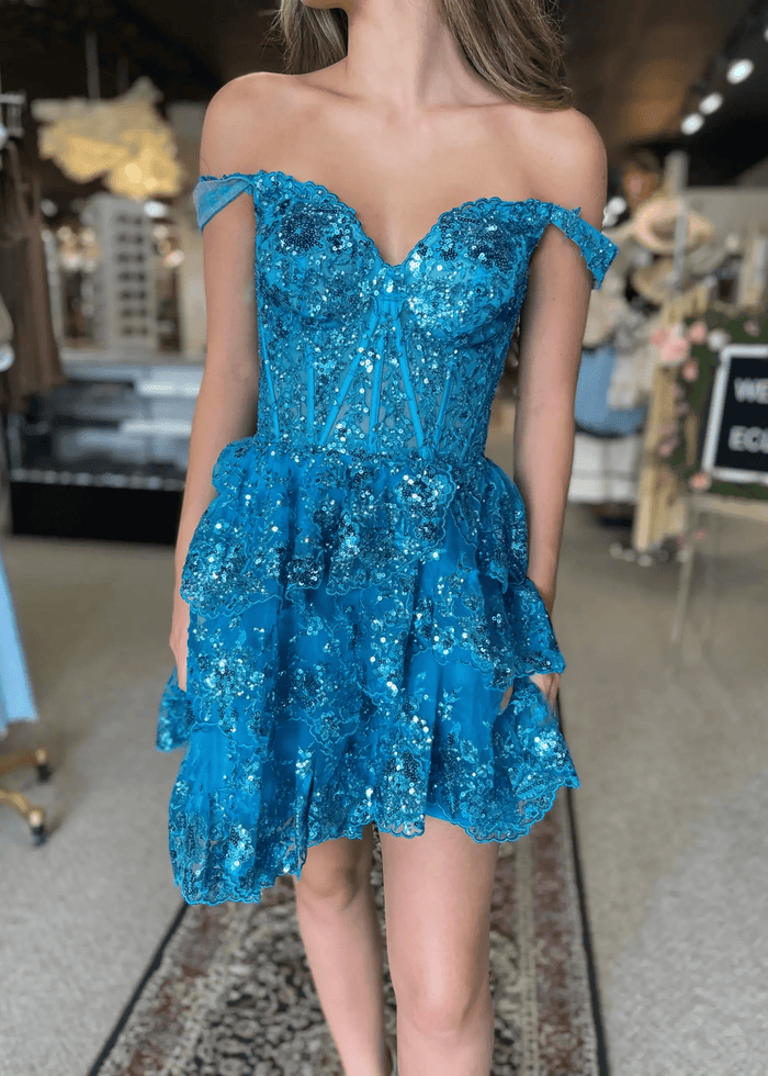 Christie |Sweetheart A - Line Tiered Red Short Homecoming Dress - Peacock - PromDressClub