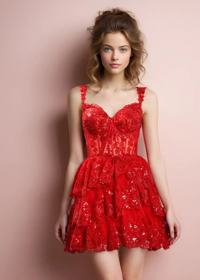 Christie |Sweetheart A - Line Tiered Red Short Homecoming Dress - Red - PromDressClub