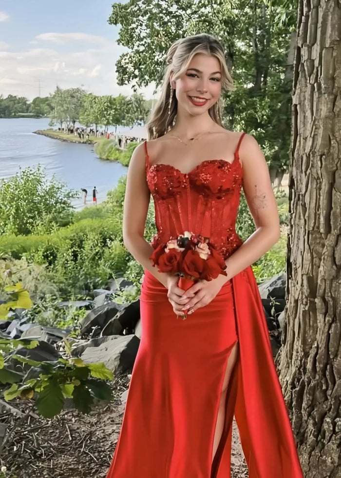 Christie | Trumpet/Mermaid Sweetheart Neck Red Lace Plus Size Prom Dress with Slit - Red - PromDressClub