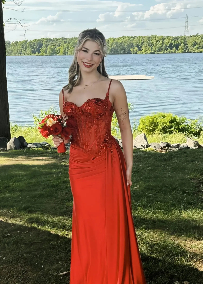 Christie | Trumpet/Mermaid Sweetheart Neck Red Lace Plus Size Prom Dress with Slit - Red - PromDressClub