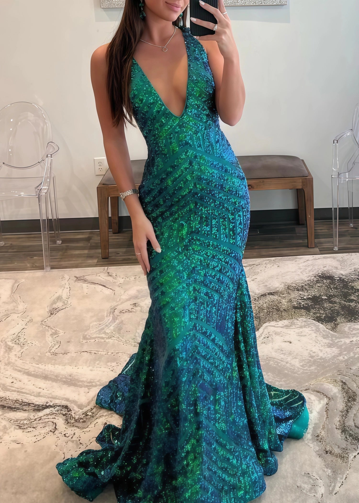 Claire | Emerald Green Silver Mermaid V Neck Corset Formal Dress with Sequins - Emerald Green - PromDressClub
