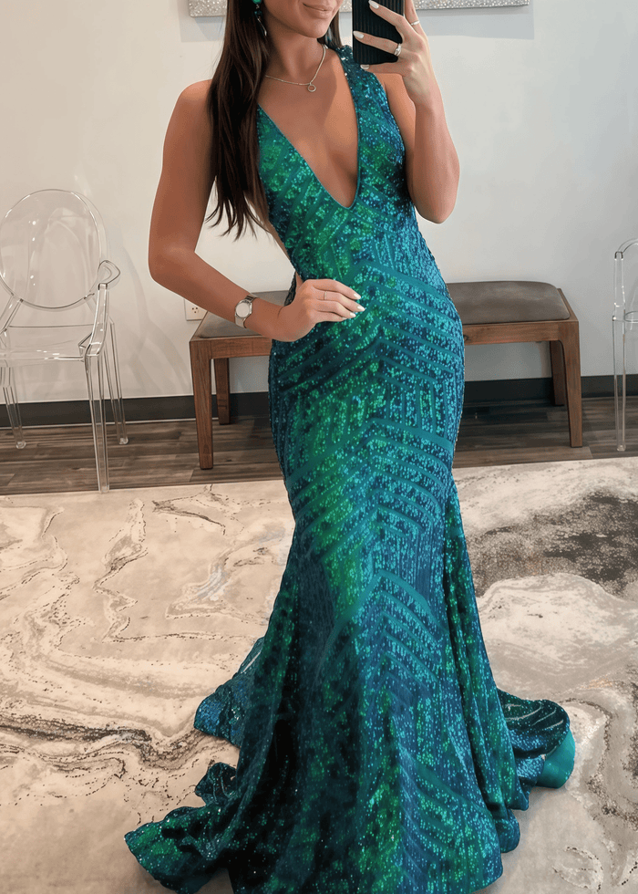 Claire | Emerald Green Silver Mermaid V Neck Corset Formal Dress with Sequins - Emerald Green - PromDressClub