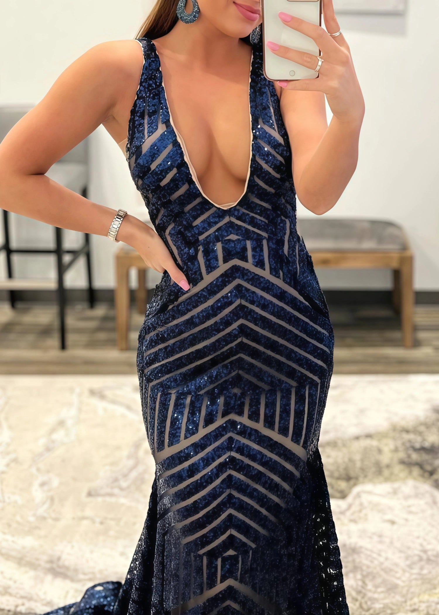 Claire | Emerald Green Silver Mermaid V Neck Corset Formal Dress with Sequins - Navy Blue - PromDressClub