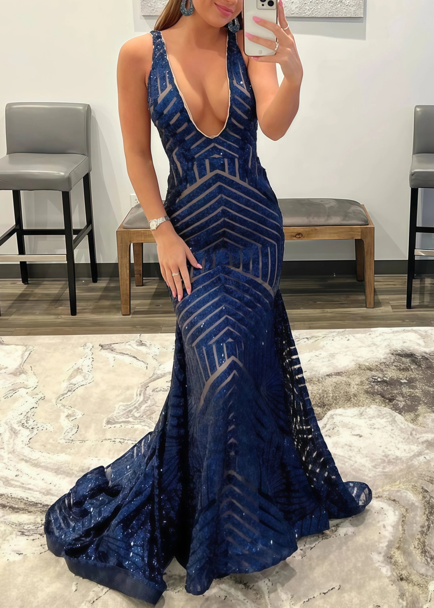 Claire | Emerald Green Silver Mermaid V Neck Corset Formal Dress with Sequins - Navy Blue - PromDressClub