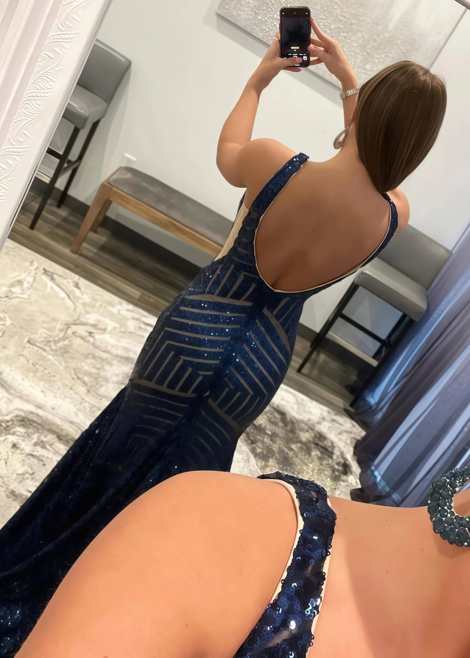 Claire | Emerald Green Silver Mermaid V Neck Corset Formal Dress with Sequins - Navy Blue - PromDressClub