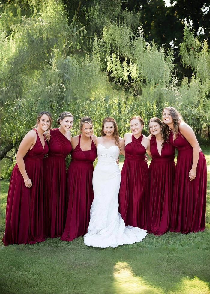 Clara | Blessed Romance Convertible Burgundy Chiffon Maxi Bridesmaid Dress with Multiway Infinity - Price #price_variant_lowest# - Burgundy - PromDressClub