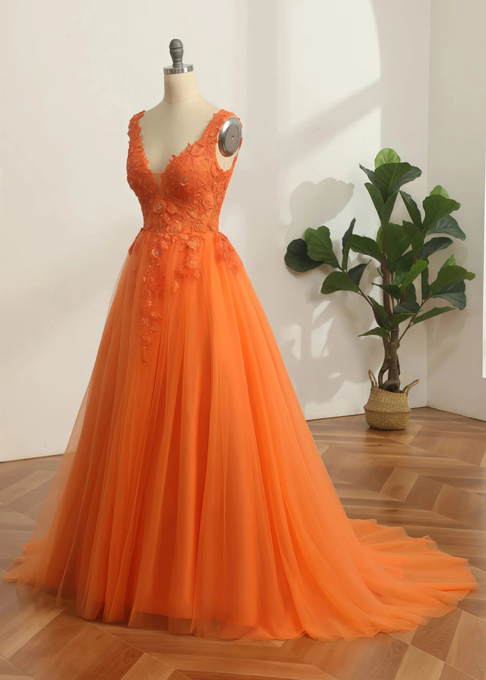 Constance | Ball - Gown/Princess Orange Light Pink A Line Backless V Neck Formal Dress - Orange - PromDressClub