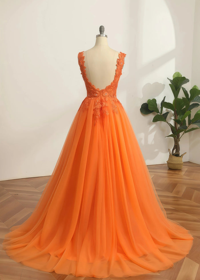 Constance | Ball - Gown/Princess Orange Light Pink A Line Backless V Neck Formal Dress - Orange - PromDressClub