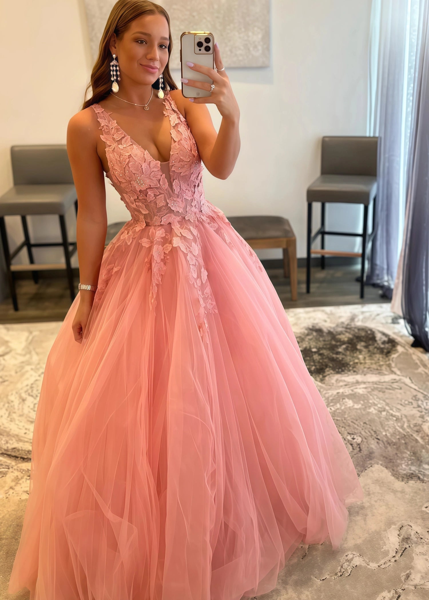 Constance | Ball - Gown/Princess Orange Light Pink A Line Backless V Neck Formal Dress - Light Pink - PromDressClub
