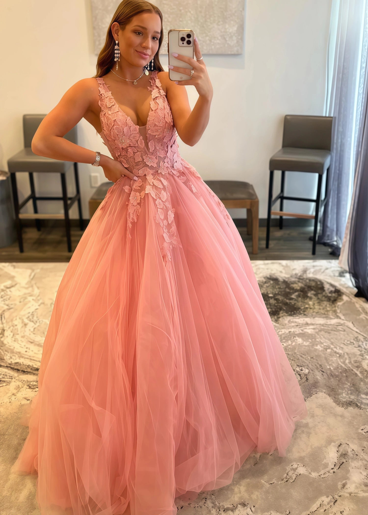 Constance | Ball - Gown/Princess Orange Light Pink A Line Backless V Neck Formal Dress - Light Pink - PromDressClub