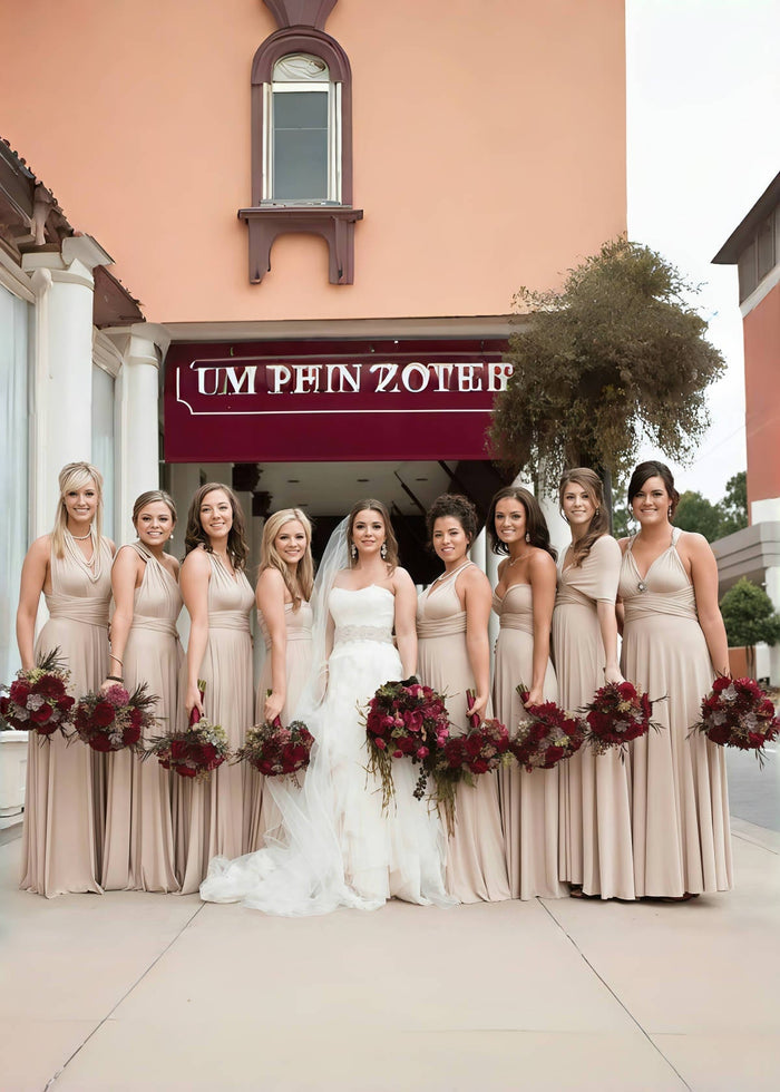 Cora | Most Beautiful Day Beige Champagne Infinity Chiffon Maxi Bridesmaid Dress with Multiway Convertible - Price #price_variant_lowest# - Champagne - PromDressClub