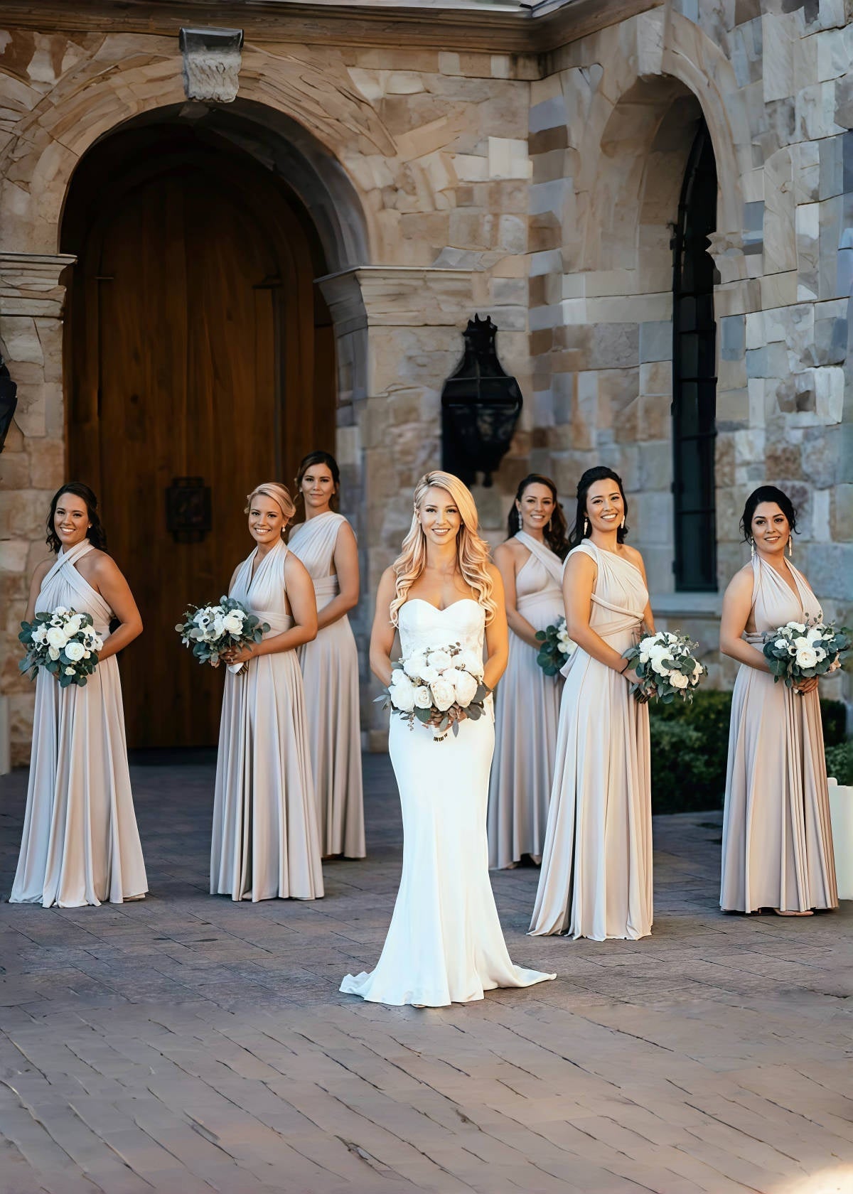 Cora | Most Beautiful Day Beige Champagne Infinity Chiffon Maxi Bridesmaid Dress with Multiway Convertible - Price #price_variant_lowest# - Silver - PromDressClub