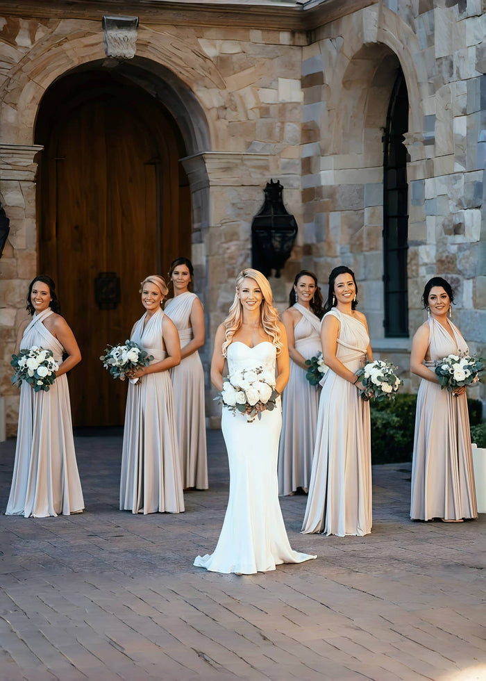 Cora | Most Beautiful Day Beige Champagne Infinity Chiffon Maxi Bridesmaid Dress with Multiway Convertible - Price #price_variant_lowest# - Silver - PromDressClub