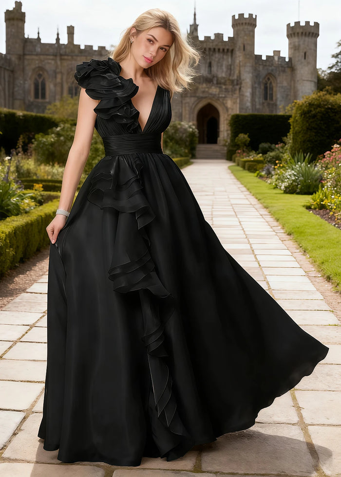 Coral Black Chiffon Prom Dress Ruffles | A - Line V - Neck Floor Length Backless Formal Dress - Black - PromDressClub