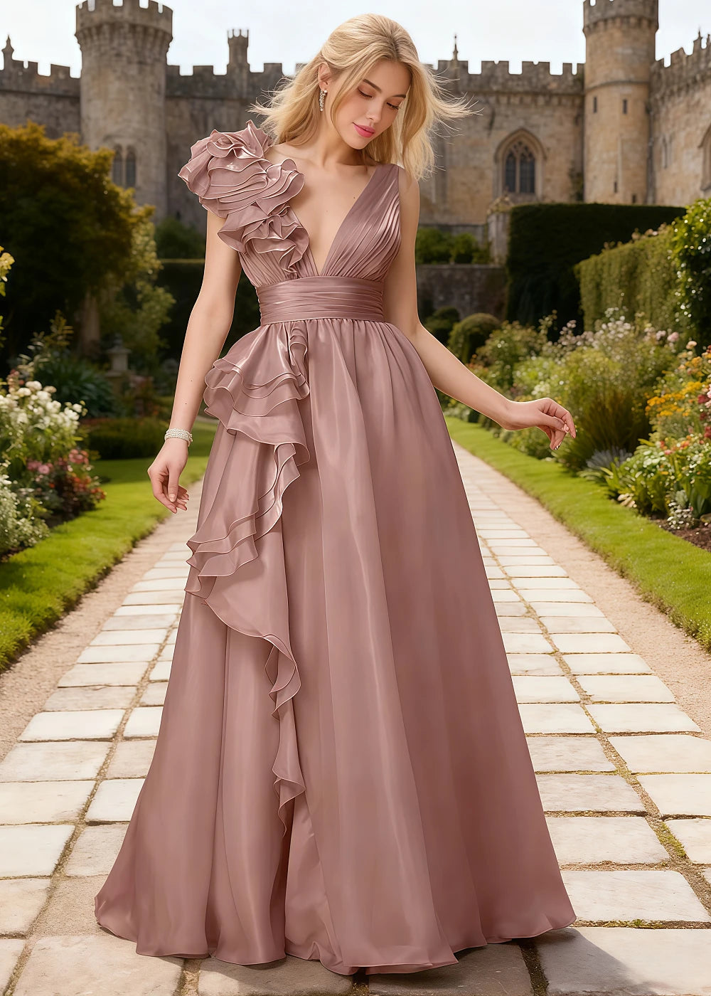 Coral Dusty Rose Chiffon Prom Dress Ruffles | PromDressClub
