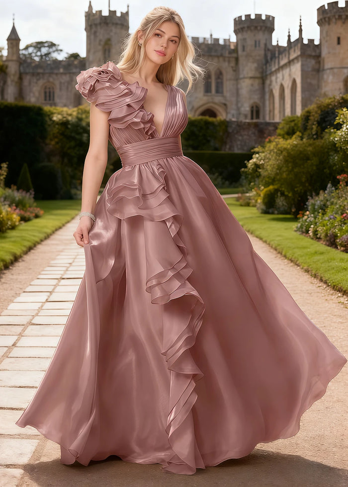 Coral Dusty Rose Chiffon Prom Dress Ruffles | A - Line V - Neck Floor Length Backless Formal Dress - Dusty Rose - PromDressClub