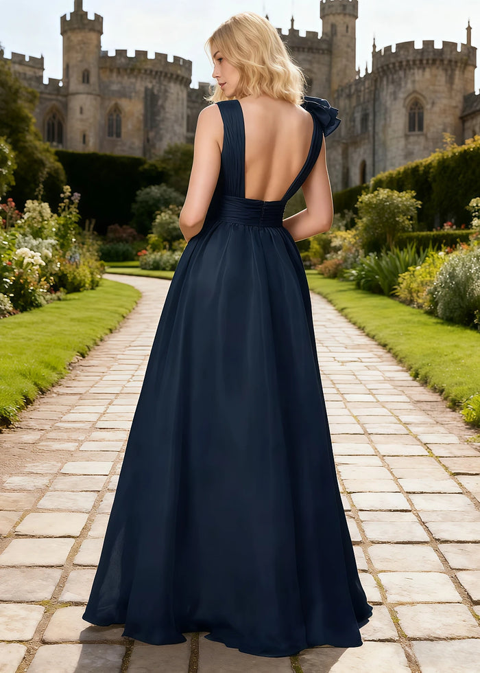 Coral Navy Blue Chiffon Prom Dress Ruffles | A - Line V - Neck Floor Length Backless Formal Dress - Navy Blue - PromDressClub