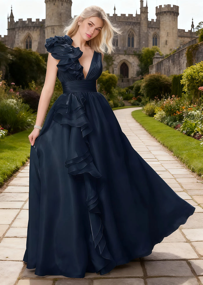 Coral Navy Blue Chiffon Prom Dress Ruffles | A - Line V - Neck Floor Length Backless Formal Dress - Navy Blue - PromDressClub