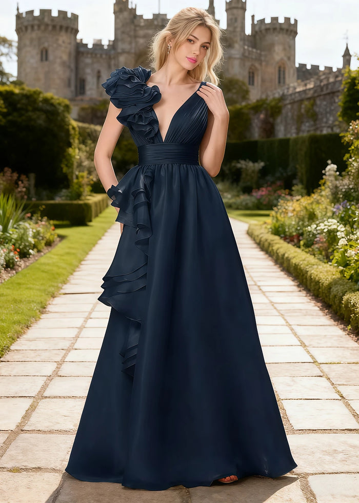 Coral Navy Blue Chiffon Prom Dress Ruffles | A - Line V - Neck Floor Length Backless Formal Dress - Navy Blue - PromDressClub