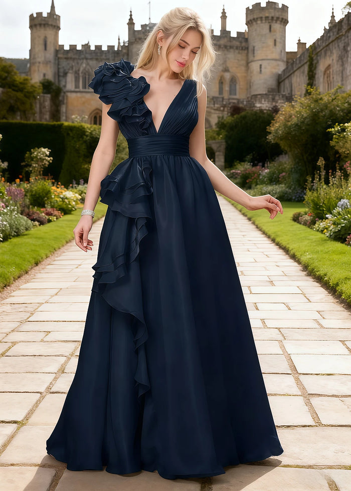 Coral Navy Blue Chiffon Prom Dress Ruffles | A - Line V - Neck Floor Length Backless Formal Dress - Navy Blue - PromDressClub