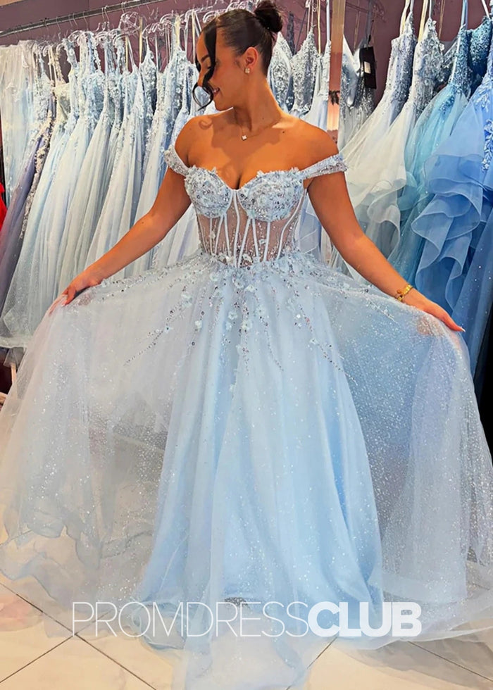 Coral |Blue Prom Dresses Plus Size Long A Line Off The Shoulder Sparkly Lace Corset - Sky Blue - PromDressClub