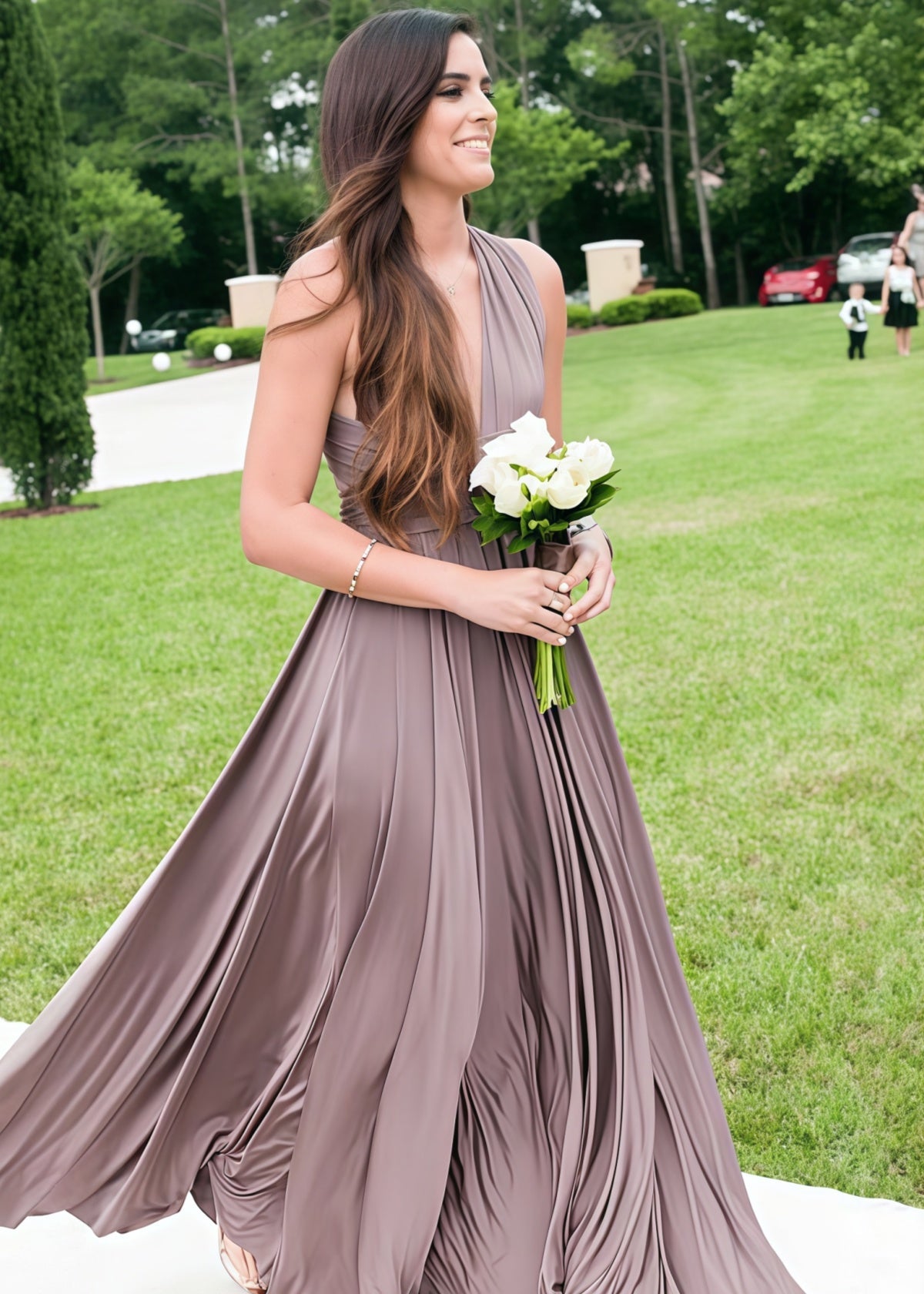 Coral | Ethereal Elegance Convertible Taupe Chiffon Maxi Bridesmaid Dress with Multiway Infinity - Price #price_variant_lowest# - Taupe - PromDressClub