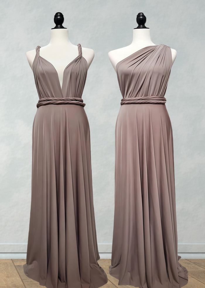 Coral | Ethereal Elegance Convertible Taupe Chiffon Maxi Bridesmaid Dress with Multiway Infinity - Price #price_variant_lowest# - Taupe - PromDressClub