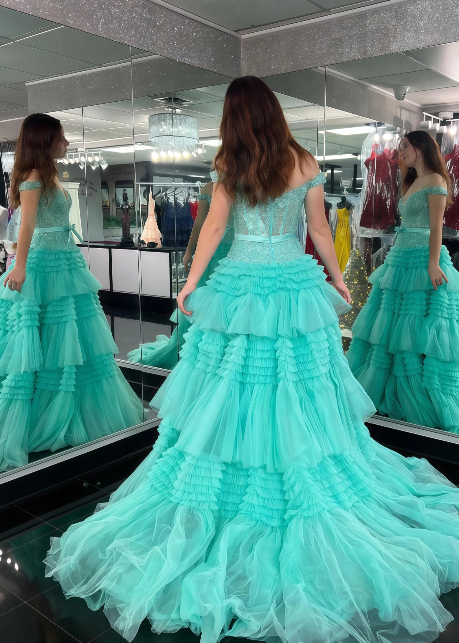 Cornelia | Long Light Pink Prom Dress Tulle With Princess A Line Off the Shoulder Ruffles - Aqua - PromDressClub