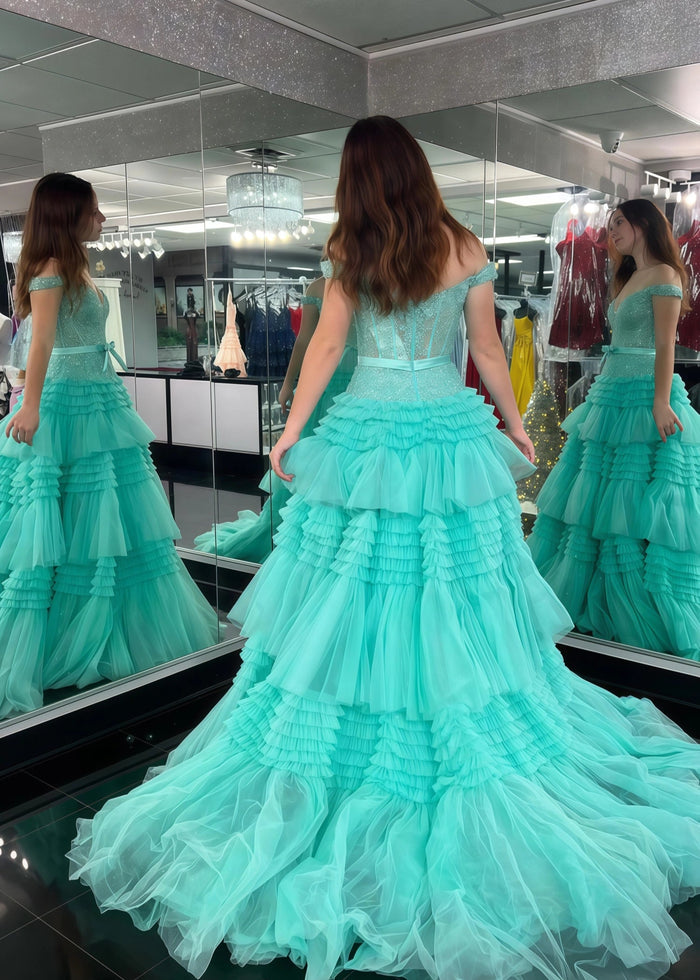 Cornelia | Long Light Pink Prom Dress Tulle With Princess A Line Off the Shoulder Ruffles - Aqua - PromDressClub