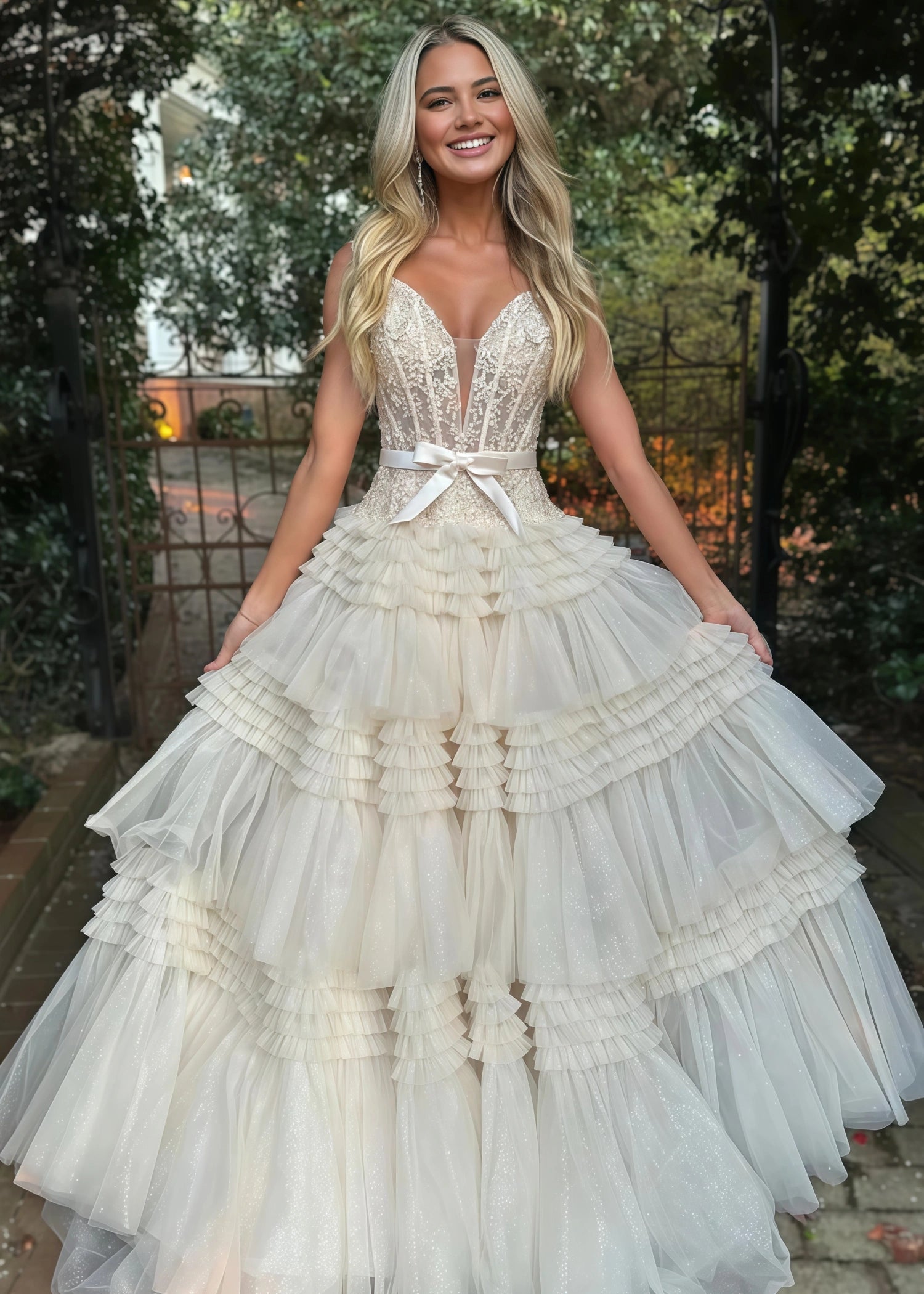 Cornelia | Long Light Pink Prom Dress Tulle With Princess A Line Off the Shoulder Ruffles - Ivory - PromDressClub
