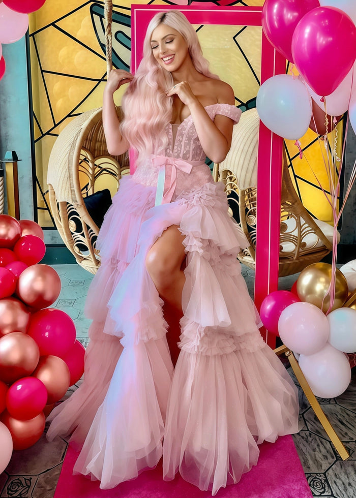 Cornelia | Long Light Pink Prom Dress Tulle With Princess A Line Off the Shoulder Ruffles - Light Pink - PromDressClub