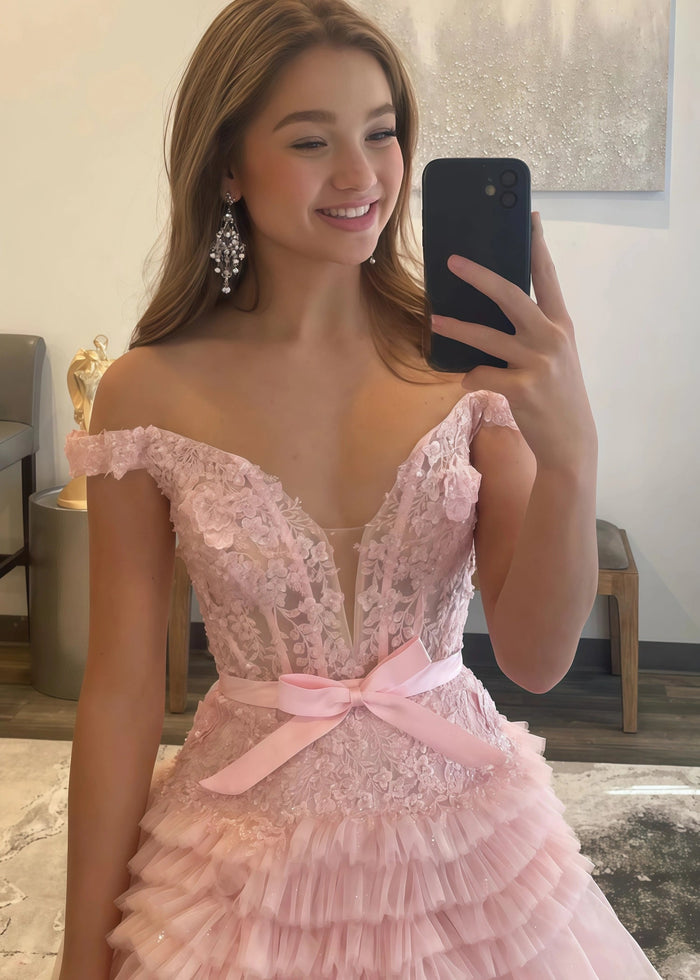 Cornelia | Long Light Pink Prom Dress Tulle With Princess A Line Off the Shoulder Ruffles - Light Pink - PromDressClub