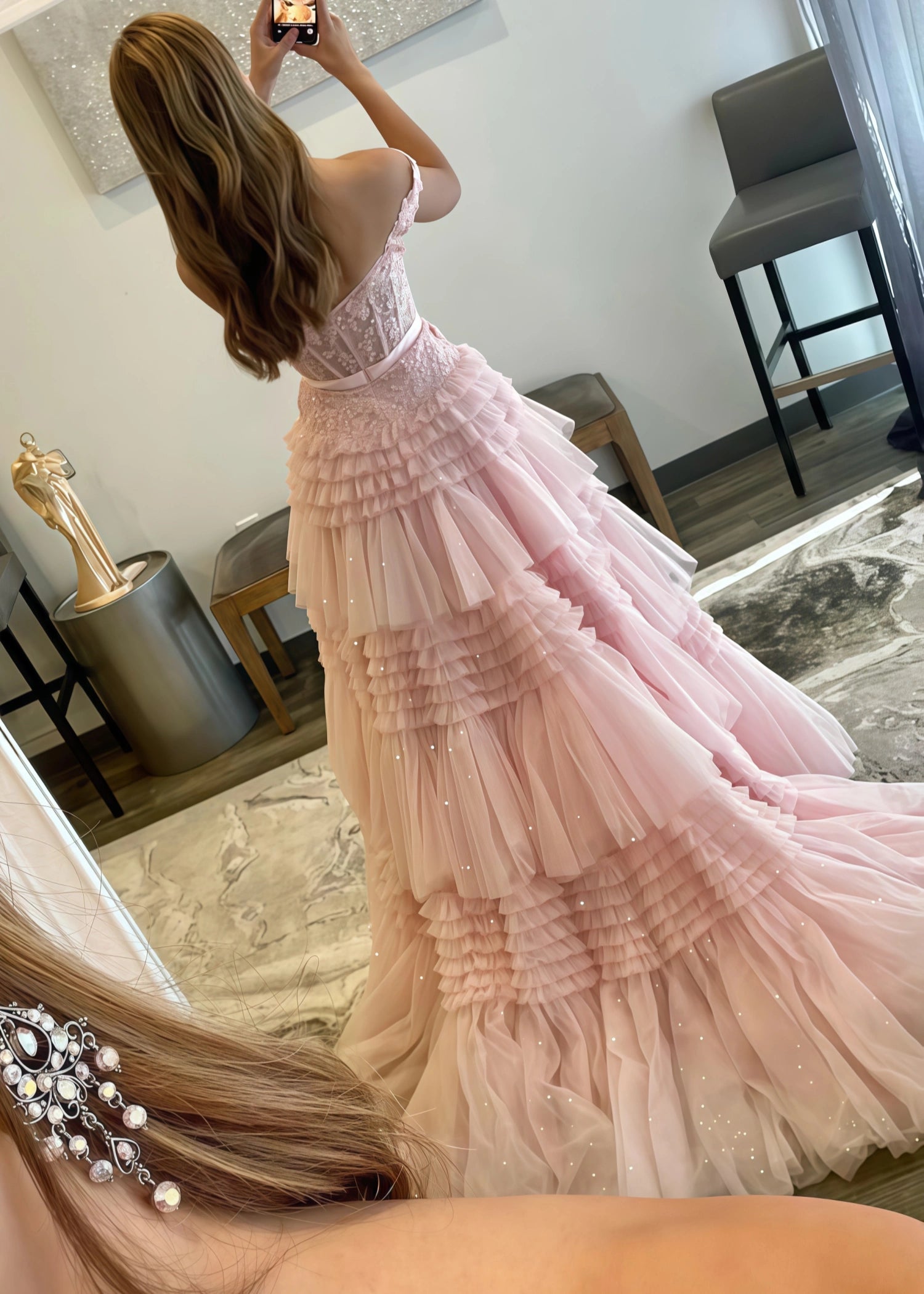 Cornelia | Long Light Pink Prom Dress Tulle With Princess A Line Off the Shoulder Ruffles - Light Pink - PromDressClub