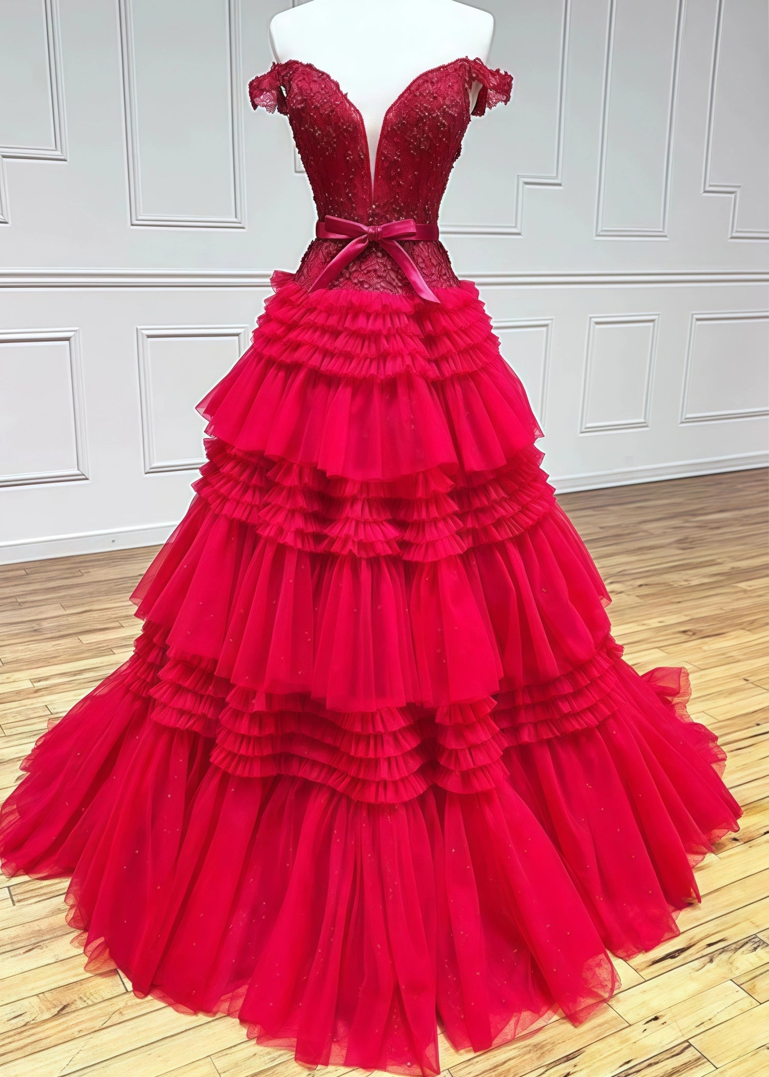 Cornelia | Long Light Pink Prom Dress Tulle With Princess A Line Off the Shoulder Ruffles - Red - PromDressClub