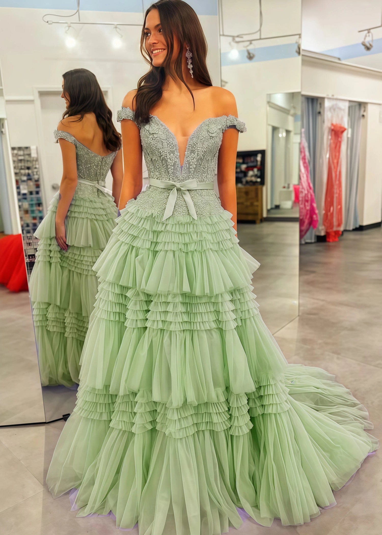 Cornelia | Long Light Pink Prom Dress Tulle With Princess A Line Off the Shoulder Ruffles - Sage - PromDressClub