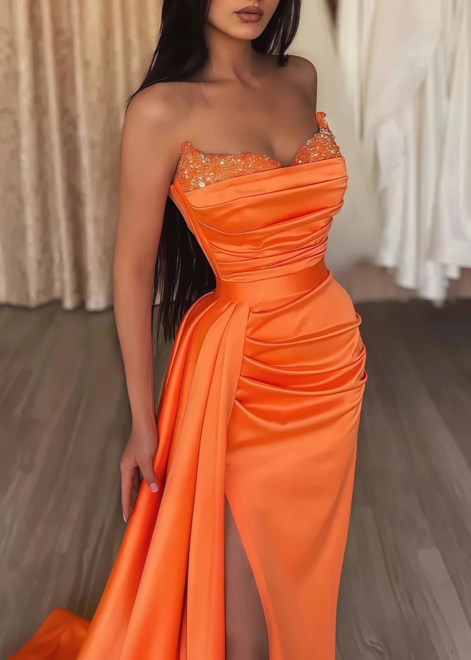 Crystal | Black Orange Mermaid Corset Strapless Formal Dress with Slit - Orange - PromDressClub