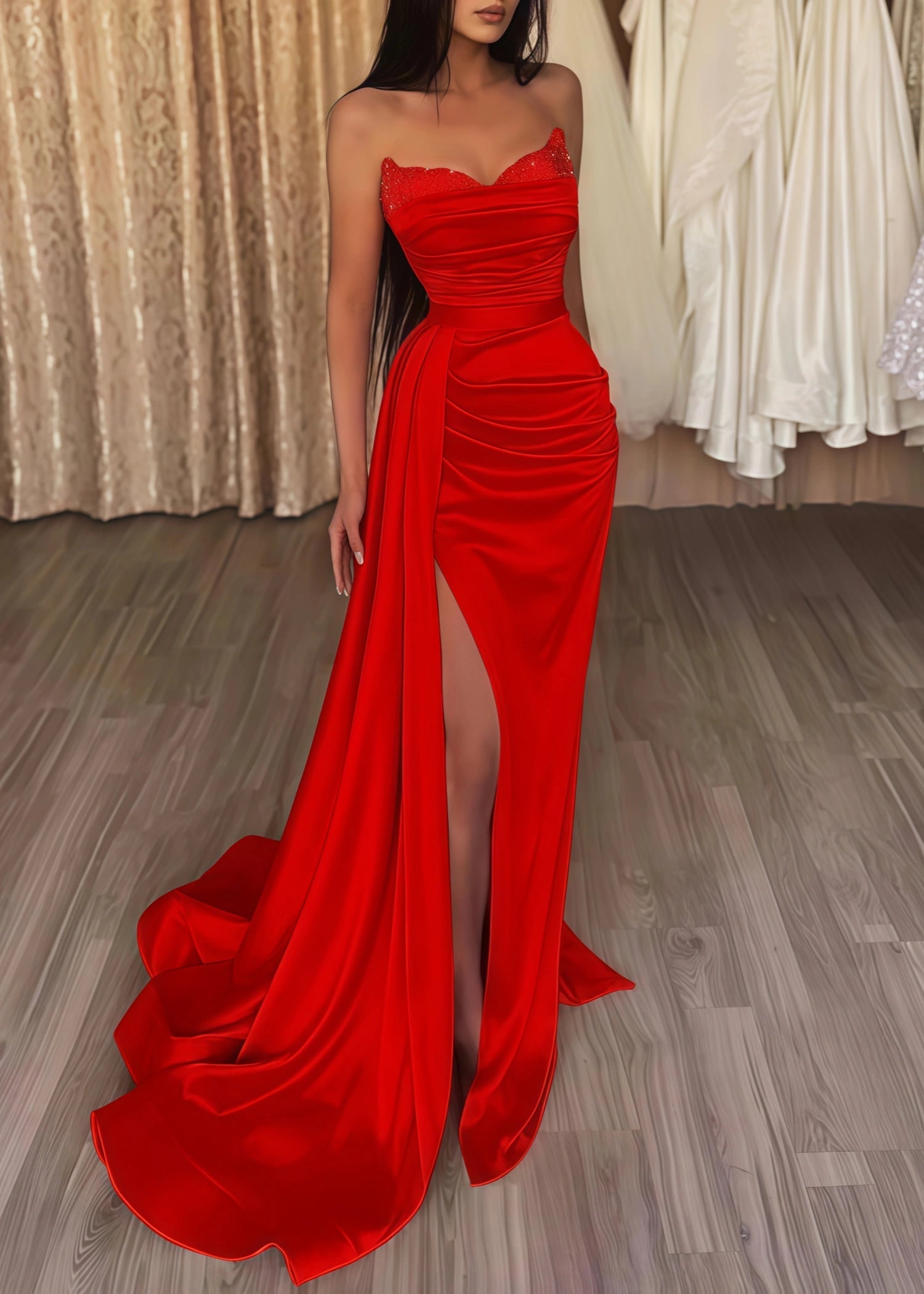 Crystal | Black Orange Mermaid Corset Strapless Formal Dress with Slit - Red - PromDressClub