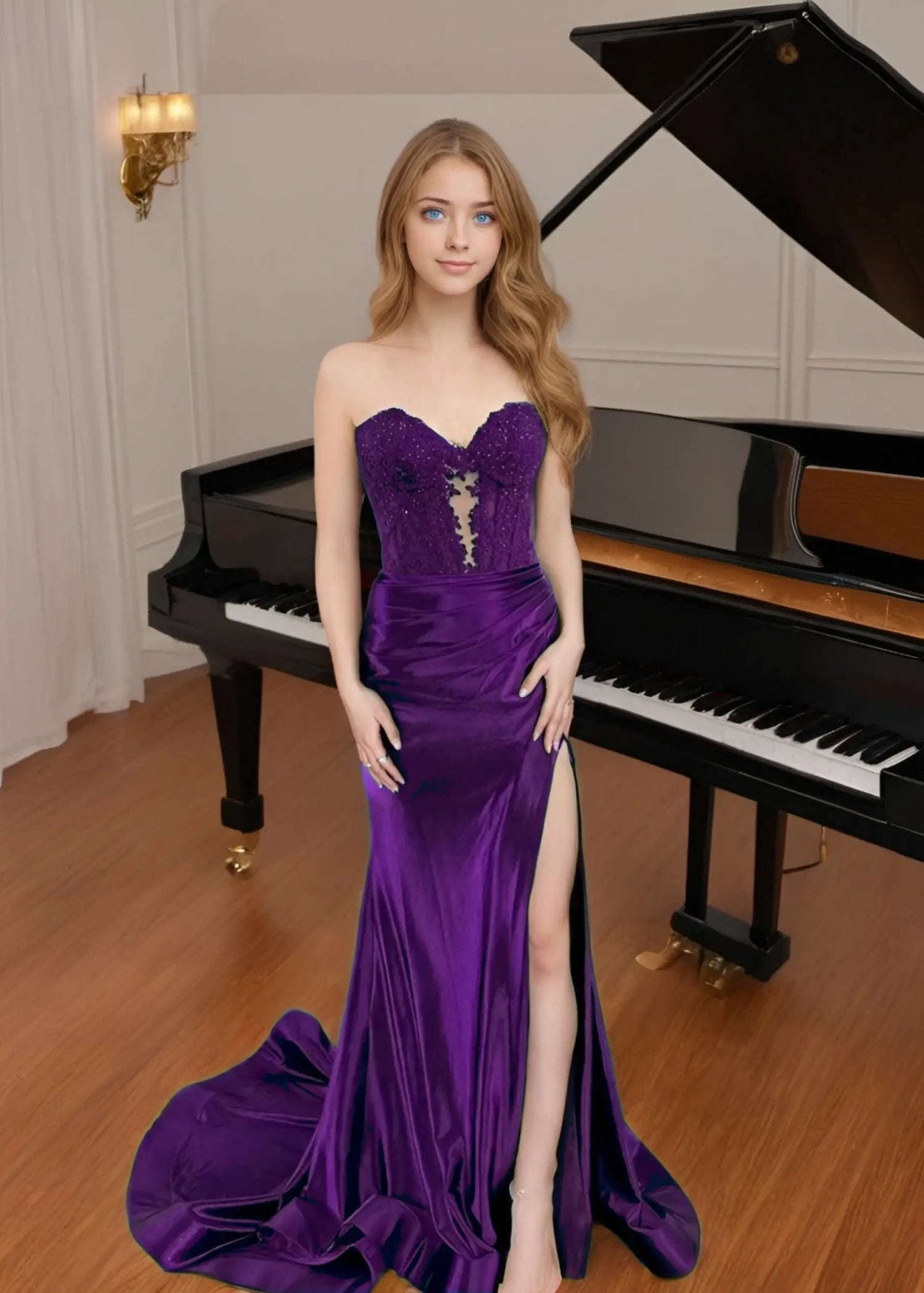 Crystal | Mermaid Navy Blue and Black Lace Strapless Corset Prom Dress with Slit - Dark Purple - PromDressClub