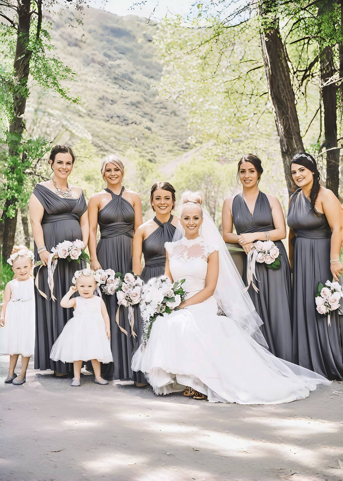 Crystal | Purely Elegant Infinity Dark Grey Chiffon Maxi Bridesmaid Dress with Multiway Convertible - Price #price_variant_lowest# - Dark Grey - PromDressClub