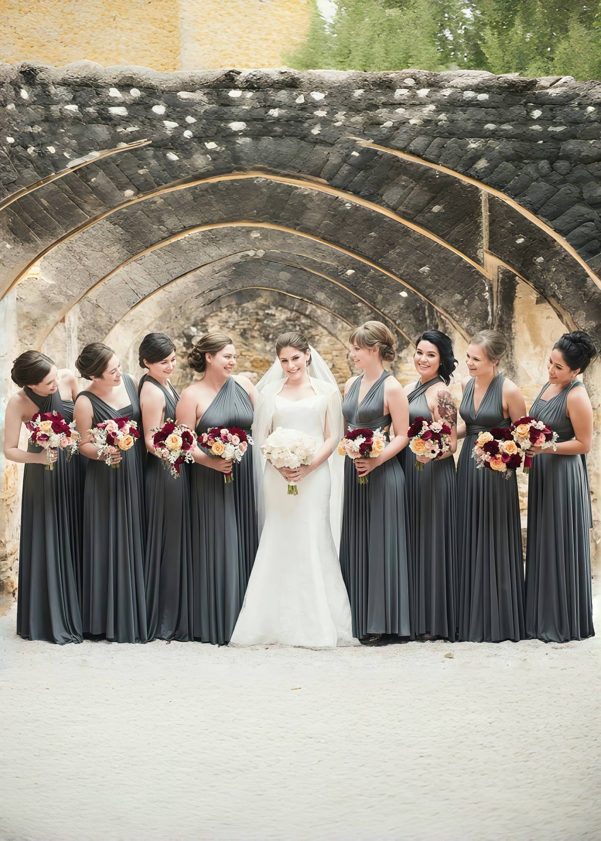 Crystal | Purely Elegant Infinity Dark Grey Chiffon Maxi Bridesmaid Dress with Multiway Convertible - Price #price_variant_lowest# - Dark Grey - PromDressClub