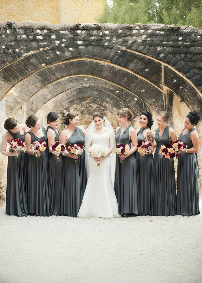 Crystal | Purely Elegant Infinity Dark Grey Chiffon Maxi Bridesmaid Dress with Multiway Convertible - Price #price_variant_lowest# - Dark Grey - PromDressClub