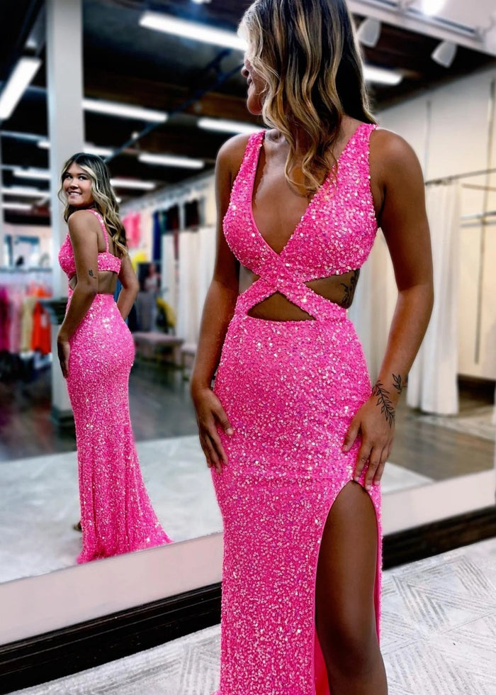 Cynthia | Long Hot Pink Prom Dress Sequins With Mermaid V Neck Slit - Hot Pink - PromDressClub