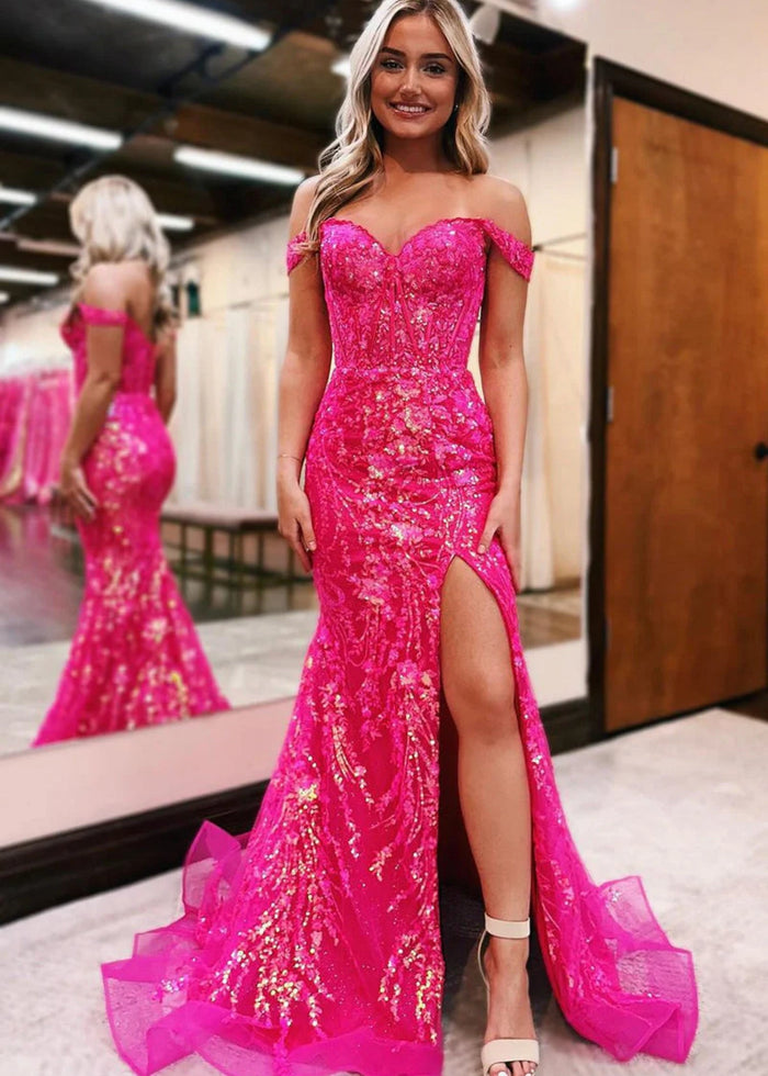 Cynthia | Off the Shoulder Gold Mermaid Sequin Corset Prom Dress with Slit - Fuchsia - PromDressClub
